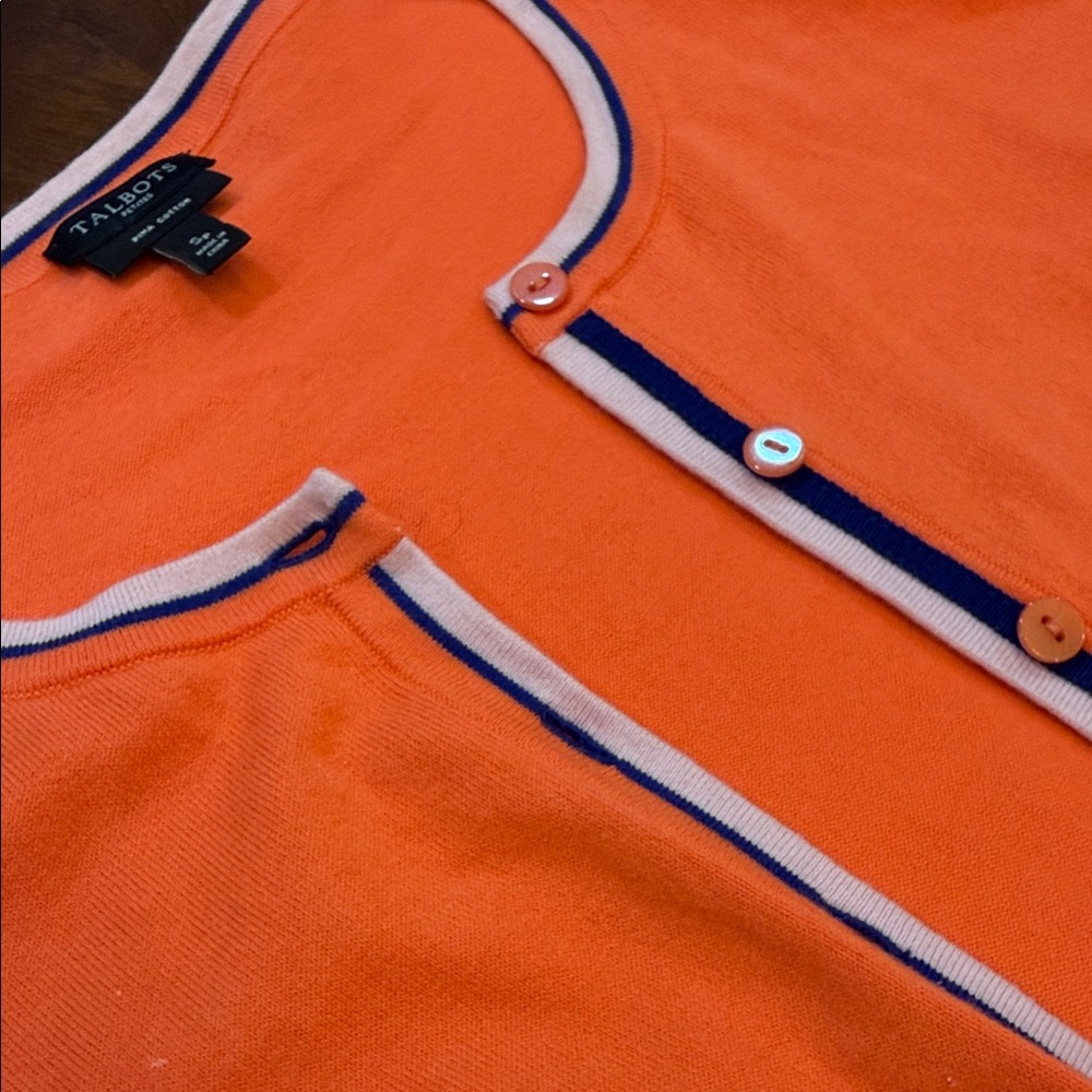Talbots Orange Cardigan with Navy and White Trim - Picture 10 of 10